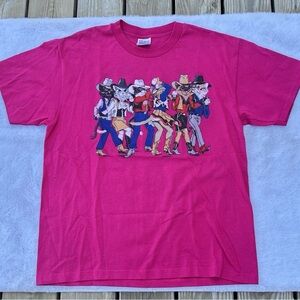 Vintage Hot Pink Graphic Tee with Dancing Cats Print Double Sided Boots